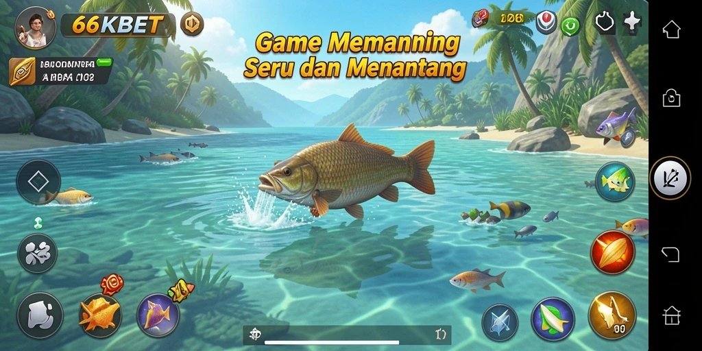 Screenshot gameplay <strong>66KBET</strong> yang memperlihatkan aksi memancing di laut.