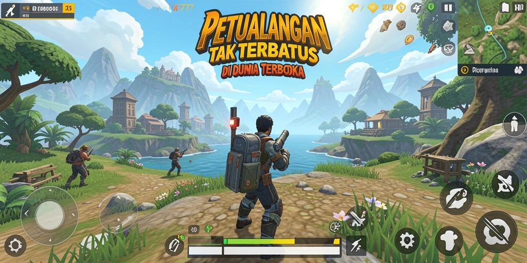 Screenshot gameplay A7777 menampilkan petualangan fantastis di dunia terbuka.
