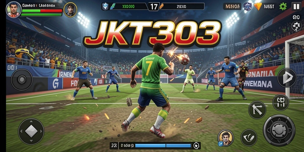 Tangkapan layar gameplay JKT303 menampilkan aksi olahraga yang mendebarkan.