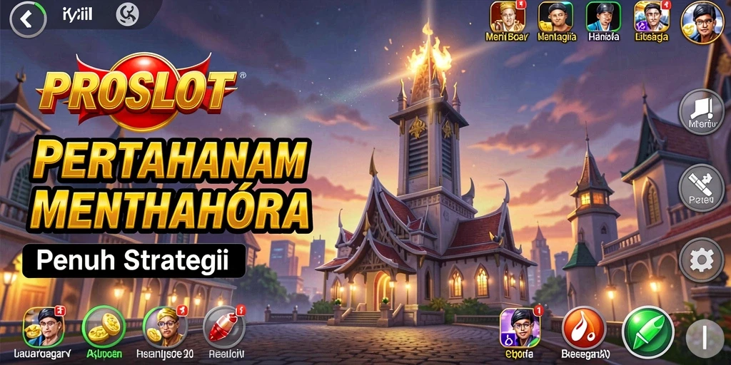 Tampilan gameplay PROSLOT dengan berbagai menara bertempur melawan gelombang musuh.