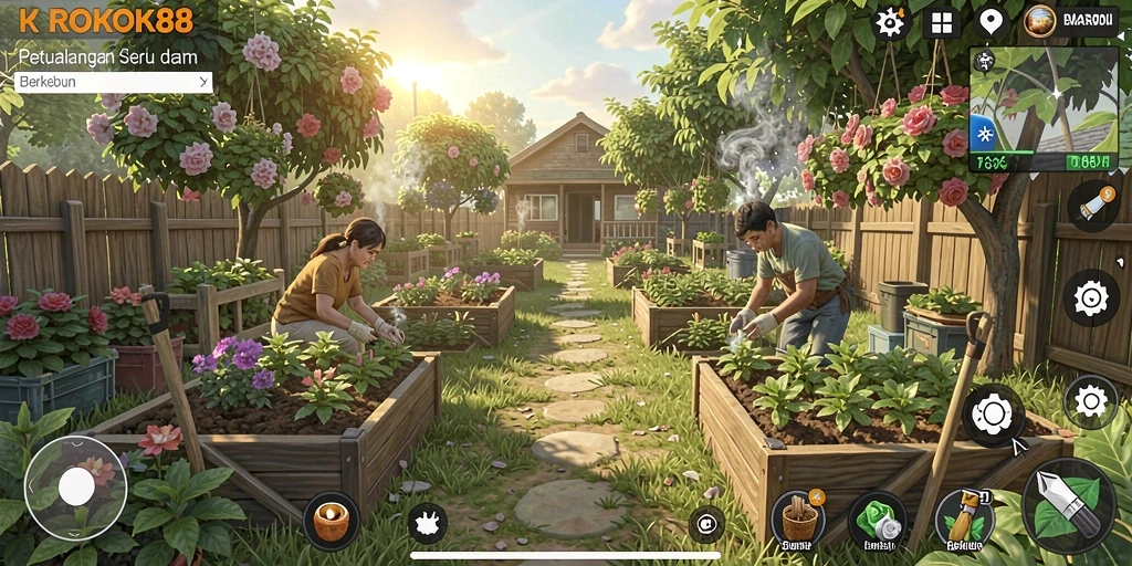 Tampilan gameplay ROKOK88 dengan kebun yang subur dan beragam tanaman.
